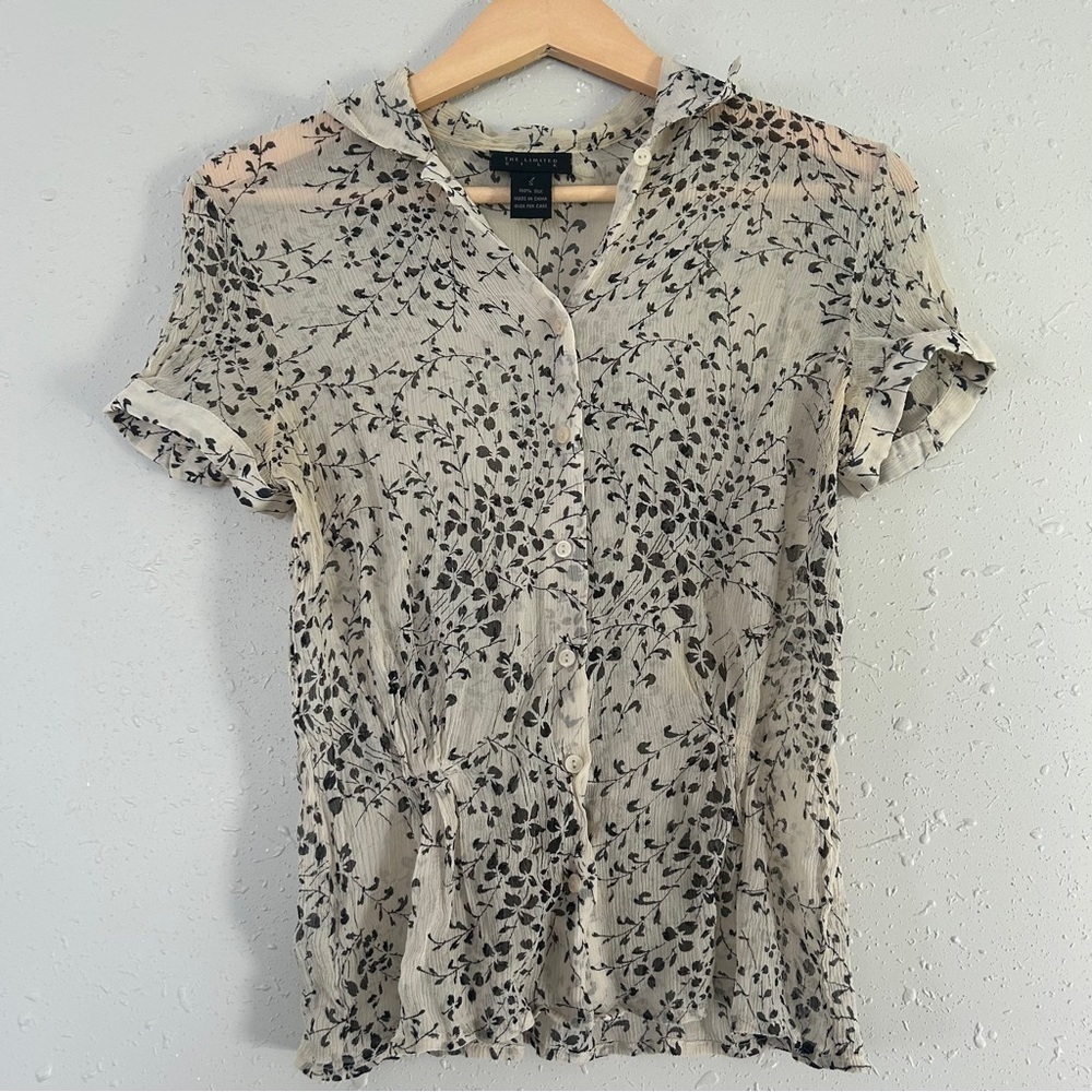The Limited 100% Silk Cream and Black Floral Blouse Lightweight Sheer Small